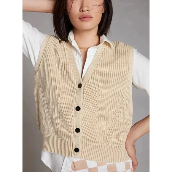 demylee Sweaters - NWT Anthropologie DEMYLEE Dorothee Cotton Cozy Sweater Vest Knit Button Creme